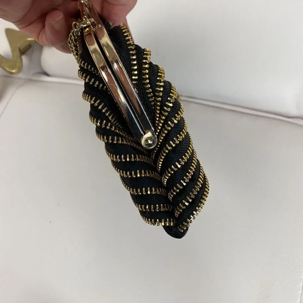 Ruffled Zipper Evening Bag Clutch Black Gold with Strap